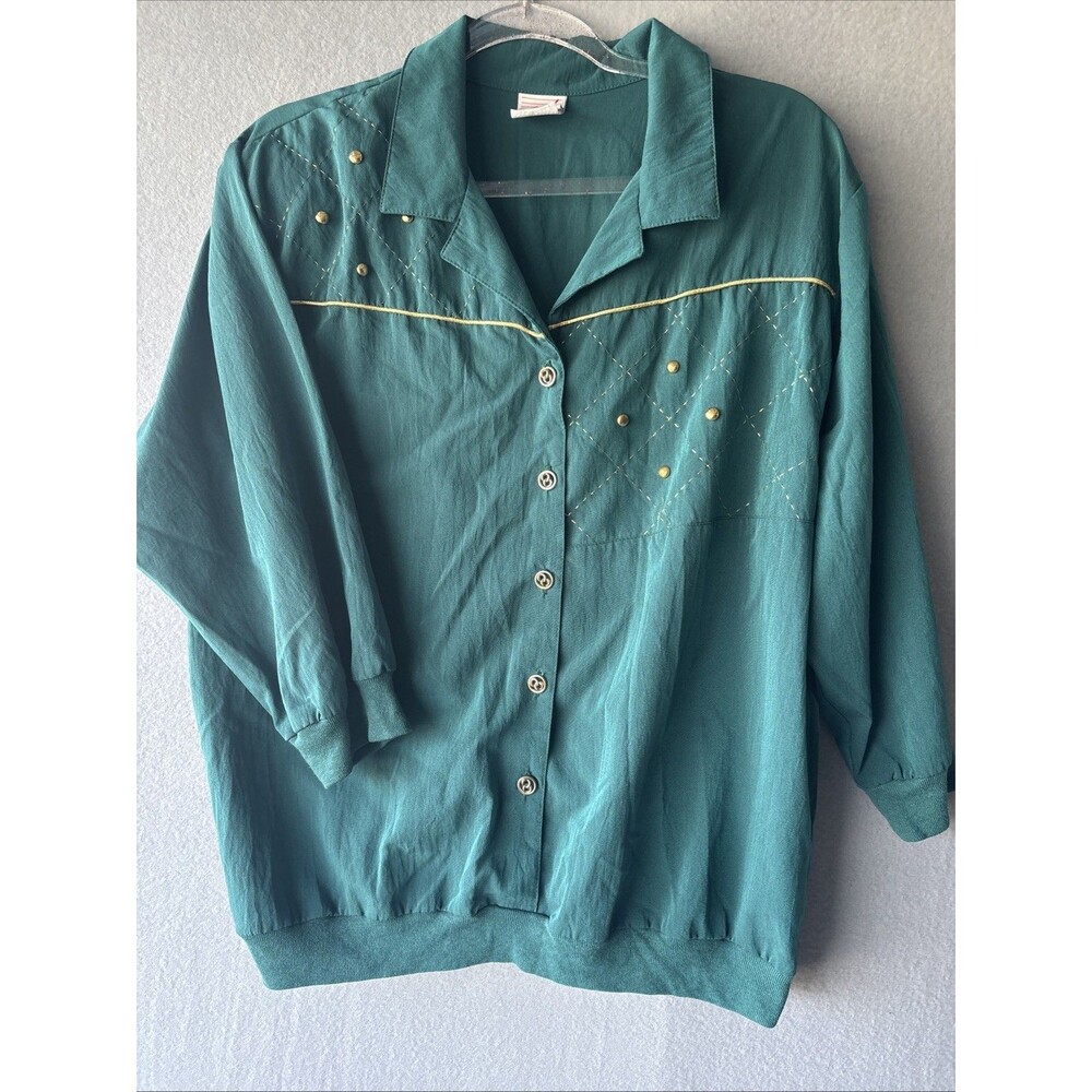 Vintage 80s G.W. Graff Women’s L Pullover Buttons 3/4 sleeve Blouse Green Gold